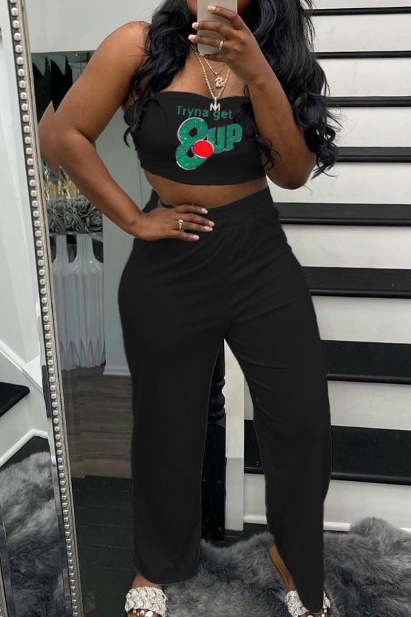 Black Sexy Casual Print Backless Strapless Sleeveless Two Pieces