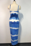 Blue Casual Print Patchwork Spaghetti Strap Straight Dresses