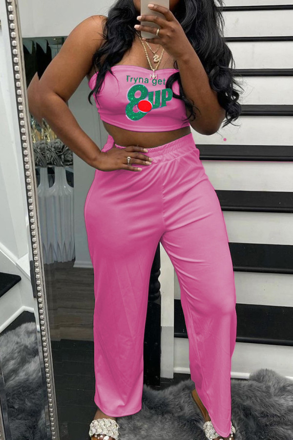 Pink Sexy Casual Print Backless Strapless Sleeveless Two Pieces