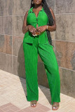 Green Casual Solid Patchwork Buckle Turndown Collar Sleeveless Two Pieces