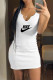 White Fashion Casual Print Letter V Neck One Step Skirt Dresses