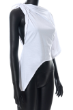 White Fashion Solid Patchwork One Shoulder T-Shirts