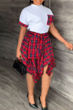 Red Casual Print Bandage Patchwork Asymmetrical O Neck Short Sleeve Two Pieces