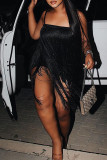 Black Sexy Solid Tassel Patchwork Spaghetti Strap Sling Dress Dresses