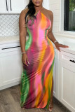 Colour Fashion Sexy Print Bandage Backless Slit Halter Long Dress