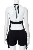 Black Sexy Solid Tassel Patchwork Halter Sleeveless Two Pieces