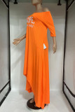 Orange Fashion Casual Letter Print Basic Oblique Collar Irregular Dress