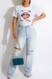 White Blue Red Casual Print Patchwork O Neck T-Shirts