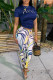 Blue Fashion Casual Print Basic O Neck Short Sleeve Two Pieces