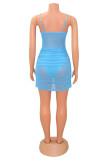 Blue Fashion Sexy Patchwork See-through Backless Fold Spaghetti Strap Sleeveless Dress