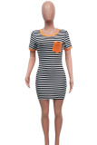 Orange Sexy Fashion Cap Sleeve Short Sleeves O neck Step Skirt skirt Patchwork Pocket Print Strip