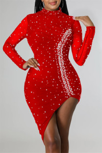 Red Sexy Patchwork Hot Drilling Backless Beading Asymmetrical Half A Turtleneck Long Sleeve Dresses