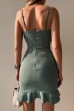 Red Fashion Solid Flounce Spaghetti Strap Pencil Skirt Dresses