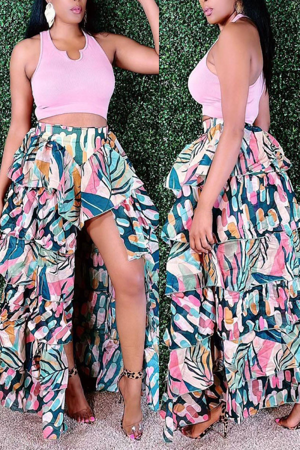 Blue Fashion Sweet Print Patchwork Flounce Asymmetrical Straight Full Print Bottoms