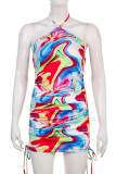 Red Blue Sexy Print Patchwork Halter Pencil Skirt Dresses
