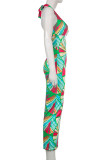 Green Sexy Print Hollowed Out Patchwork Halter One Step Skirt Dresses