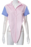 Pink Casual Striped Print Patchwork Buckle Asymmetrical Tops