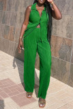 Green Casual Solid Patchwork Buckle Turndown Collar Sleeveless Two Pieces
