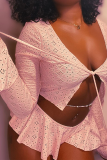 Pink Sexy Solid Hollowed Out V Neck Long Sleeve Two Pieces