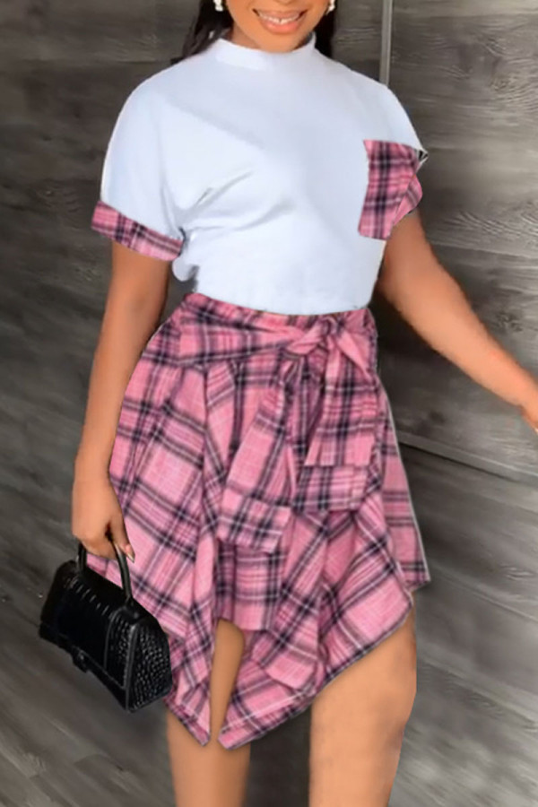 Pink Casual Print Bandage Patchwork Asymmetrical O Neck Short Sleeve Two Pieces