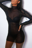 Black Sexy Solid Mesh Half A Turtleneck Pencil Skirt Dresses