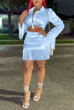Pink Casual Solid Tassel Patchwork Buckle Turndown Collar Long Sleeve Two Pieces