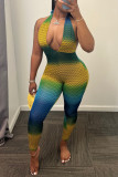 Blue Yellow Fashion Sexy Print Backless Halter Skinny Jumpsuits