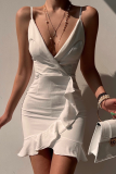 Red Fashion Solid Flounce Spaghetti Strap Pencil Skirt Dresses