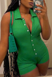 Blue Casual Solid Patchwork Buckle Turndown Collar Regular Rompers