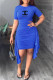 Royal Blue Fashion Casual Print Tassel Fold O Neck One Step Skirt Dresses