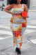 Orange Fashion Casual Print Slit U Neck Plus Size Two Pieces