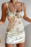 Apricot Fashion Print Bandage Spaghetti Strap Pencil Skirt Dresses