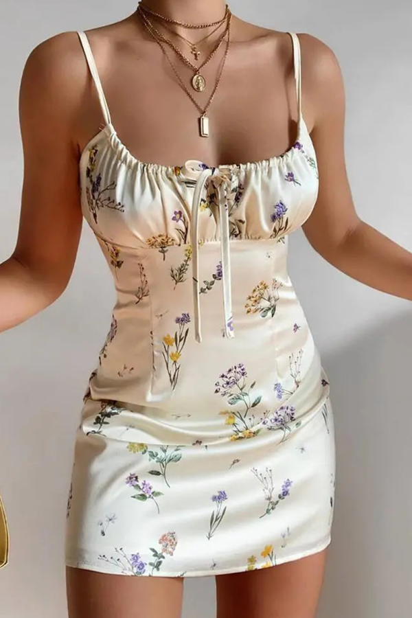 Apricot Fashion Print Bandage Spaghetti Strap Pencil Skirt Dresses