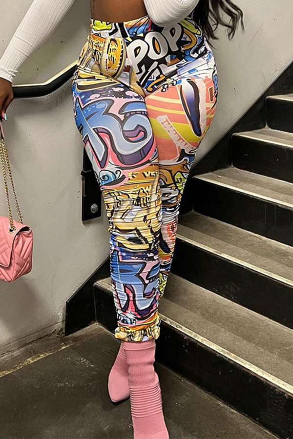 Multicolor Sexy Print Patchwork Skinny High Waist Pencil Full Print Bottoms