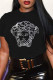 Black Fashion Casual Figure Hot Drill O Neck T-Shirts