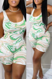 Green Fashion Casual Print Basic U Neck Skinny Rompers