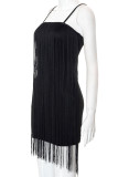 Black Sexy Solid Tassel Patchwork Spaghetti Strap Sling Dress Dresses