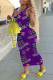 Purple Fashion Street Print Letter V Neck One Step Skirt Dresses