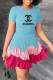 Sky Blue Fashion Casual Print Patchwork Letter O Neck Pleated Dresses