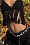 Black Sexy Solid Tassel Patchwork Halter Sleeveless Two Pieces