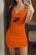 Orange Fashion Casual Print Letter V Neck One Step Skirt Dresses