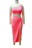 Red Sexy Solid Patchwork Slit Asymmetrical Oblique Collar Sleeveless Two Pieces