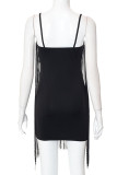 Black Sexy Solid Tassel Patchwork Spaghetti Strap Sling Dress Dresses