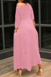 Pink Fashion Casual Letter Print Basic Oblique Collar Irregular Dress