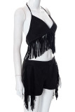 Black Sexy Solid Tassel Patchwork Halter Sleeveless Two Pieces