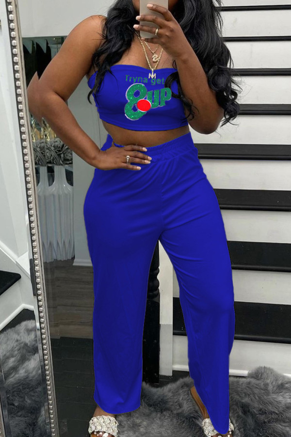 Blue Sexy Casual Print Backless Strapless Sleeveless Two Pieces