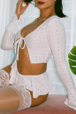 Pink Sexy Solid Hollowed Out V Neck Long Sleeve Two Pieces