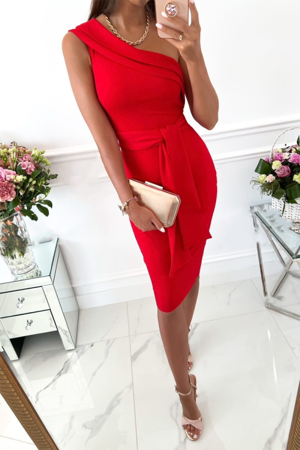Red Fashion Solid Bandage One Shoulder Pencil Skirt Dresses