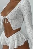 Pink Sexy Solid Hollowed Out V Neck Long Sleeve Two Pieces