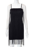 Black Sexy Solid Tassel Patchwork Spaghetti Strap Sling Dress Dresses